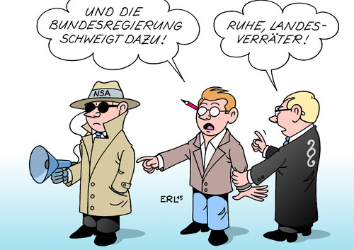 Cartoon: Landesverrat (medium) by Erl tagged nsa,geheimdienst,usa,spionage,abhören,ausspähen,massenhaft,deutschland,bundesregierung,schweigen,journalist,bericht,blog,online,anzeige,verfassungsschutz,bundesanwalt,ermittlung,landesverrat,karikatur,erl,nsa,geheimdienst,usa,spionage,abhören,ausspähen,massenhaft,deutschland,bundesregierung,schweigen,journalist,bericht,blog,online,anzeige,verfassungsschutz,bundesanwalt,ermittlung,landesverrat