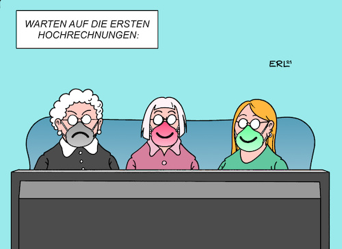 Cartoon: Landtagswahlen (medium) by Erl tagged politik,wahl,wahlen,landtagswahlen,baden,württemberg,rheinland,pfalz,cdu,ärger,maskenaffäre,geld,masken,corona,virus,pandemie,spd,bündnis,90,die,grünen,titelverteidiger,malu,dreyer,winfried,kretschmann,freude,erwartung,hochrechnung,karikatur,erl,politik,wahl,wahlen,landtagswahlen,baden,württemberg,rheinland,pfalz,cdu,ärger,maskenaffäre,geld,masken,corona,virus,pandemie,spd,bündnis,90,die,grünen,titelverteidiger,malu,dreyer,winfried,kretschmann,freude,erwartung,hochrechnung,karikatur,erl