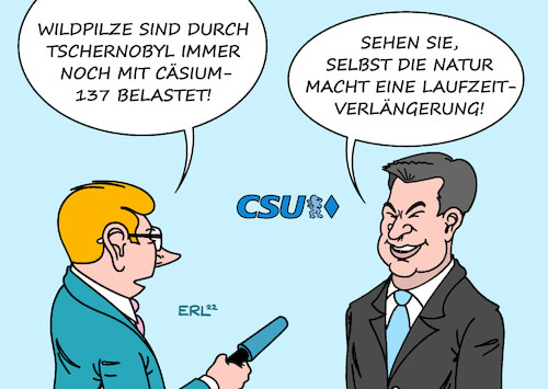 Cartoon: Laufzeitverlängerung (medium) by Erl tagged politik,krieg,russland,ukraine,gas,gasknappheit,verteuerung,diskussion,deutschland,atomkraftwerke,laufzeitverlängerung,atomunfall,raektorunfall,tschernobyl,wildpilze,belastung,cäsium,137,radoaktivität,markus,söder,ministerpräsident,bayern,csu,natur,karikatur,erl,politik,krieg,russland,ukraine,gas,gasknappheit,verteuerung,diskussion,deutschland,atomkraftwerke,laufzeitverlängerung,atomunfall,raektorunfall,tschernobyl,wildpilze,belastung,cäsium,137,radoaktivität,markus,söder,ministerpräsident,bayern,csu,natur,karikatur,erl