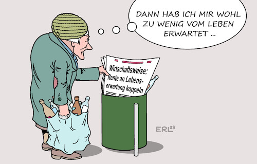 Cartoon: Lebenserwartung (medium) by Erl tagged politik,finanzen,gesellschaft,arbeit,rente,alter,altersarmut,frauen,pfandflaschensammlerin,wirtschaftsweise,kopplung,lebenserwartung,höhe,beitrag,karikatur,erl,politik,finanzen,gesellschaft,arbeit,rente,alter,altersarmut,frauen,pfandflaschensammlerin,wirtschaftsweise,kopplung,lebenserwartung,höhe,beitrag,karikatur,erl