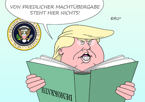 Cartoon: Lehrbuch Demokratie (medium) by Erl tagged politik,usa,präsident,donald,trump,rechtspopulismus,nationalismus,rassismus,gefahr,demokratie,gedankenspiele,machtübergabe,widerstand,verschwörungstheorie,wahlfälschung,karikatur,erl,politik,usa,präsident,donald,trump,rechtspopulismus,nationalismus,rassismus,gefahr,demokratie,gedankenspiele,machtübergabe,widerstand,verschwörungstheorie,wahlfälschung,karikatur,erl