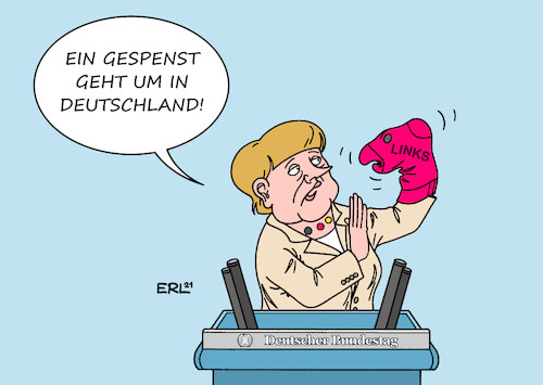 Cartoon: Letzte Rede vor dem Bundestag (medium) by Erl tagged politik,bundestag,bundeskanzlerin,angela,merkel,cdu,letzte,rede,wahlkampf,warnung,linksruck,koalition,rot,grün,spd,grüne,linke,gespenst,schreckgespenst,rote,socke,karikatur,erl,politik,bundestag,bundeskanzlerin,angela,merkel,cdu,letzte,rede,wahlkampf,warnung,linksruck,koalition,rot,grün,spd,grüne,linke,gespenst,schreckgespenst,rote,socke,karikatur,erl