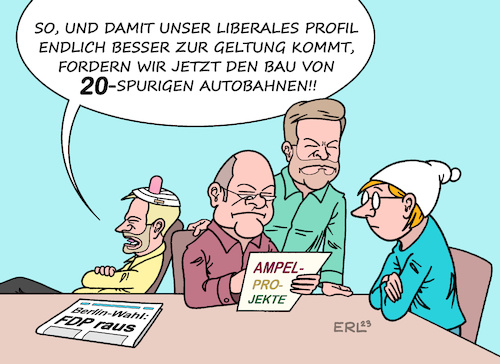 Cartoon: Liberales Profil (medium) by Erl tagged politik,wahl,berlin,abgeordnetenhaus,fdp,scheitern,fünf,protent,hürde,wiedereinzug,bundespolitik,bundesregierung,ampel,liberales,profil,bau,straßen,autobahnen,lindner,scholz,habeck,michel,karikatur,erl,politik,wahl,berlin,abgeordnetenhaus,fdp,scheitern,fünf,protent,hürde,wiedereinzug,bundespolitik,bundesregierung,ampel,liberales,profil,bau,straßen,autobahnen,lindner,scholz,habeck,michel,karikatur,erl