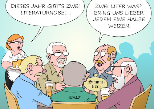 Cartoon: Literaturnobelpreise (medium) by Erl tagged politik,kunst,literatur,literaturnobelpreis,literaturnobelpreise,2018,olga,tokarczuk,2019,peter,handke,reaktion,stammtisch,weizen,weißbier,bier,karikatur,erl,politik,kunst,literatur,literaturnobelpreis,literaturnobelpreise,2018,olga,tokarczuk,2019,peter,handke,reaktion,stammtisch,weizen,weißbier,bier,karikatur,erl