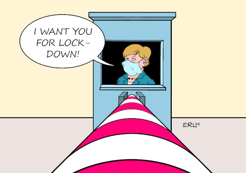 Cartoon: Lockdown (medium) by Erl tagged politik,corona,virus,pandemie,zweite,welle,bundeskanzlerin,angela,merkel,lockdown,uncle,sam,want,you,schranke,karikatur,erl,politik,corona,virus,pandemie,zweite,welle,bundeskanzlerin,angela,merkel,lockdown,uncle,sam,want,you,schranke,karikatur,erl