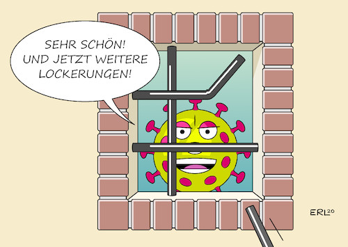 Cartoon: Lockerungen (medium) by Erl tagged politik,corona,pandemie,virus,covid19,kontaktverbot,schließung,kitas,kindergärten,schulen,geschäfte,diskussion,lockerungen,umsetzung,gefahr,rückschlag,zweite,welle,infektionen,ausbruch,gefängnis,karikatur,erl,politik,corona,pandemie,virus,covid19,kontaktverbot,schließung,kitas,kindergärten,schulen,geschäfte,diskussion,lockerungen,umsetzung,gefahr,rückschlag,zweite,welle,infektionen,ausbruch,gefängnis,karikatur,erl