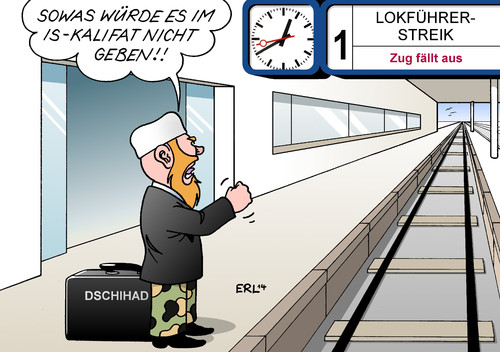 Cartoon: Lokführerstreik Dschihadist (medium) by Erl tagged lokführerstreik,tarif,tarifverhandlungen,gewerkschaft,gdl,bahn,zug,streik,deutschland,dschihadist,reise,dschihad,is,kalifat,krieg,terror,ausreise,einreise,lokführerstreik,tarif,tarifverhandlungen,gewerkschaft,gdl,bahn,zug,streik,deutschland,dschihadist,reise,dschihad,is,kalifat,krieg,terror,ausreise,einreise