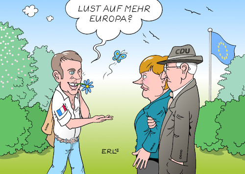 Cartoon: Macron Europa (medium) by Erl tagged politik,frankreich,präsident,emmanuel,macron,initiative,vorschläge,gestaltung,eu,europa,wiedergeburt,elan,schwung,ideen,solidarität,skepsis,deutschland,cdu,csu,fraktion,zurückhaltung,gemeinschaft,schulden,europäischer,finanzminister,haushalt,national,abgabe,souveränität,mann,jung,ehepaar,alt,bundeskanzlerin,angela,merkel,karikatur,erl,politik,frankreich,präsident,emmanuel,macron,initiative,vorschläge,gestaltung,eu,europa,wiedergeburt,elan,schwung,ideen,solidarität,skepsis,deutschland,cdu,csu,fraktion,zurückhaltung,gemeinschaft,schulden,europäischer,finanzminister,haushalt,national,abgabe,souveränität,mann,jung,ehepaar,alt,bundeskanzlerin,angela,merkel,karikatur,erl