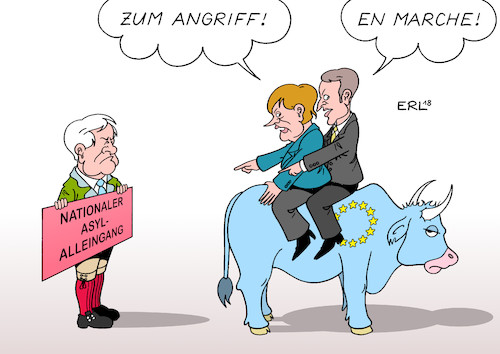 Cartoon: Macron Merkel (medium) by Erl tagged politik,deutschland,streit,flüchtlingspolitik,asylmasterplan,abschiebungen,zurückweisung,flüchtlinge,grenze,innenminister,horst,seehofer,csu,national,alleingang,bundeskanzlerin,merkel,cdu,europa,eu,recht,gemeinsam,gipfel,lösung,italien,frankreich,präsident,emmanuel,macron,en,marche,stier,bockig,rechtspopulismus,karikatur,erl,politik,deutschland,streit,flüchtlingspolitik,asylmasterplan,abschiebungen,zurückweisung,flüchtlinge,grenze,innenminister,horst,seehofer,csu,national,alleingang,bundeskanzlerin,merkel,cdu,europa,eu,recht,gemeinsam,gipfel,lösung,italien,frankreich,präsident,emmanuel,macron,en,marche,stier,bockig,rechtspopulismus,karikatur,erl