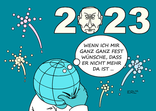 Cartoon: Magisches Denken (medium) by Erl tagged politik,jahreswechsel,2022,2023,silvester,neujahr,feuerwerk,krieg,angriff,überfall,wladimir,putin,russland,ukraine,welt,erde,sehnsucht,frieden,magisches,denken,wunschdenken,karikatur,erl,politik,jahreswechsel,2022,2023,silvester,neujahr,feuerwerk,krieg,angriff,überfall,wladimir,putin,russland,ukraine,welt,erde,sehnsucht,frieden,magisches,denken,wunschdenken,karikatur,erl