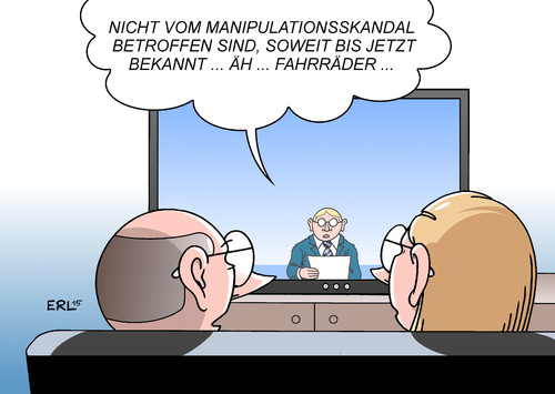 Cartoon: Manipulationsskandal (medium) by Erl tagged manipulationsskandal,vw,audi,diesel,software,prüfung,test,abgase,schadstoffe,manipulation,skandal,kreise,anklage,winterkorn,aktien,verlust,gewinnwarnung,auto,autobauer,fahrrad,nachrichten,karikatur,erl,manipulationsskandal,vw,audi,diesel,software,prüfung,test,abgase,schadstoffe,manipulation,skandal,kreise,anklage,winterkorn,aktien,verlust,gewinnwarnung,auto,autobauer,fahrrad,nachrichten,karikatur,erl