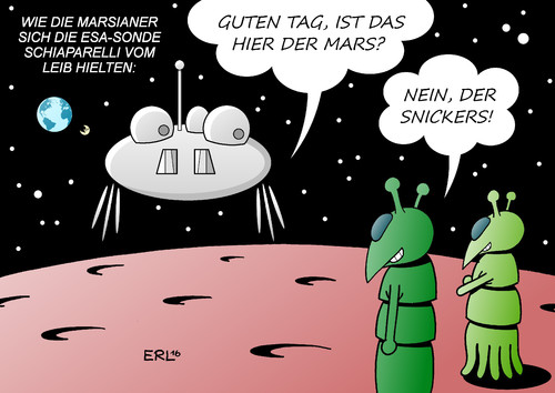 Cartoon: Marssonde (medium) by Erl tagged marssonde,schiaparelli,esa,europa,raumfahrt,agentur,mars,roter,planet,grüne,männchen,marsianer,verhinderung,landung,trick,snickers,all,weltall,erde,mond,sterne,außerirdische,karikatur,erl,marssonde,schiaparelli,esa,europa,raumfahrt,agentur,mars,roter,planet,grüne,männchen,marsianer,verhinderung,landung,trick,snickers,all,weltall,erde,mond,sterne,außerirdische,karikatur,erl