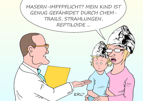 Cartoon: Masernimpfpflicht (medium) by Erl tagged politik,gesundheit,krankheit,infektionskrankheit,masern,impfung,impfpflicht,masernimpfung,bundestag,masernimpfpflicht,kita,schule,kinder,personal,gesundheitsminister,jens,spahn,impfgegner,verschwörungstheorien,chemtrails,reptiloide,strahlung,aluhut,mutter,kind,karikatur,erl,politik,gesundheit,krankheit,infektionskrankheit,masern,impfung,impfpflicht,masernimpfung,bundestag,masernimpfpflicht,kita,schule,kinder,personal,gesundheitsminister,jens,spahn,impfgegner,verschwörungstheorien,chemtrails,reptiloide,strahlung,aluhut,mutter,kind,karikatur,erl