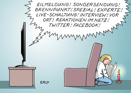 Cartoon: Medien Terror Medienterror (medium) by Erl tagged berlin,anschlag,terror,terroranschlag,weihnachtsmarkt,weihnachten,angst,schrecken,medien,fernsehen,internet,soziale,netzwerke,facebook,twitter,social,media,sendung,sondersendung,live,spezial,laut,aufmerksamkeit,zeitung,ruhe,gedenken,kerze,karikatur,erl,berlin,anschlag,terror,terroranschlag,weihnachtsmarkt,weihnachten,angst,schrecken,medien,fernsehen,internet,soziale,netzwerke,facebook,twitter,social,media,sendung,sondersendung,live,spezial,laut,aufmerksamkeit,zeitung,ruhe,gedenken,kerze,karikatur,erl