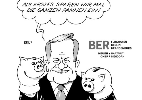 Cartoon: Mehdorn (medium) by Erl tagged flugafen,berlin,brandenburg,pannen,kostenexplosion,chef,neu,hartmut,mehdorn,ex,bahnchef,sparen,sparschwein,kämpfer,boxer