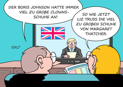 Cartoon: Mehr Schein als Sein (medium) by Erl tagged politik,großbritannien,gb,uk,nachfolge,boris,johnson,clown,partei,vorsitz,konservative,tories,premierminister,premierministerin,liz,truss,vorbild,margaret,thatcher,schuhe,groß,fernsehen,zeitung,karikatur,erl,politik,großbritannien,gb,uk,nachfolge,boris,johnson,clown,partei,vorsitz,konservative,tories,premierminister,premierministerin,liz,truss,vorbild,margaret,thatcher,schuhe,groß,fernsehen,zeitung,karikatur,erl