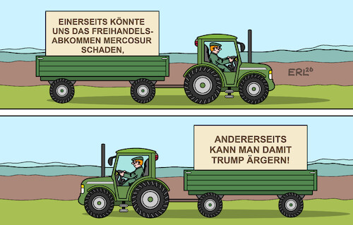 Cartoon: Mercosur (medium) by Erl tagged politik,handel,freihandelsabkommen,mercosur,eu,südamerika,landwirtschaft,angst,einbußen,trump,ärgern,karikatur,erl,politik,handel,freihandelsabkommen,mercosur,eu,südamerika,landwirtschaft,angst,einbußen,trump,ärgern,karikatur,erl