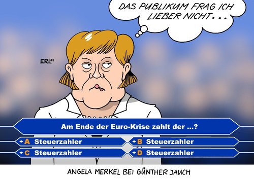 Cartoon: Merkel bei Jauch II (medium) by Erl tagged bundeskanzlerin,angela,merkel,gasr,talkshow,talk,günther,jauch,euro,eurokrise,schulden,kredit,rettungsschirm,banken,steuerzahler,zeche,publikum,frage,bundeskanzlerin,angela merkel,talkshow,günther jauch,eurokrise,schulden,kredit,rettungsschirm,angela,merkel,günther,jauch