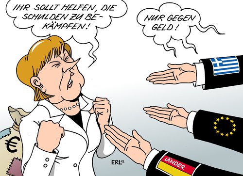 Cartoon: Merkel Euro (medium) by Erl tagged euro,krise,schulden,rettung,fiskalpakt,rettungsschirm,esm,sparkurs,griechenland,eu,europa,deutschland,bundesländer,länder,zustimmung,geld,handel,finanzen,bundeskanzlerin,angela,merkel,euro,krise,rettung,fiskalpakt,rettungsschirm,sparkurs,griechenland,europa,deutschland