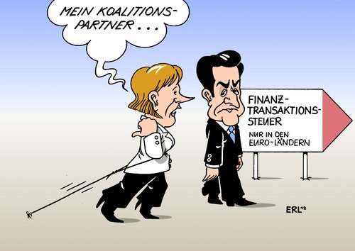 Cartoon: Merkel FDP Sarkozy (medium) by Erl tagged treffen,merkel,sarkozy,deutschland,frankreich,bundeskanzlerin,präsident,euro,krise,finanztransaktionssteuer,eurozone,fdp,dagegen,koalitionspartner,hemmung,treffen,merkel,sarkozy,frankreich,deutschland,finanztransaktionssteuer,eurozone,fitransaktionssteuer,fdp,koalitionspartner