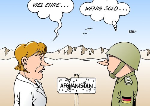 Cartoon: Merkel in Afghanistan (medium) by Erl tagged bundeskanzlerin,angela,merkel,besuch,afghanistan,truppe,soldat,krieg,ehre,sold,ehrensold,wulff,bundeskanzlerin,merkel,besuch,afghanistan,truppe,soldat,krieg,ehrensold,wulff