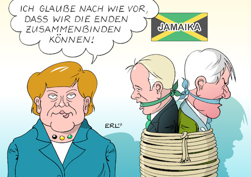 Cartoon: Merkel Jamaika (medium) by Erl tagged bundestagswahl,wahl,bundestag,regierung,regierungsbildung,koalition,jamaika,schwarz,gelb,grün,cdu,csu,fdp,bündnis,90,die,grünen,sondierung,gemeinsamkeiten,gegensätze,jürgen,trittin,horst,seehofer,bundeskanzlerin,angela,merkel,zwischenbilanz,enden,zusammenbinden,karikatur,erl,bundestagswahl,wahl,bundestag,regierung,regierungsbildung,koalition,jamaika,schwarz,gelb,grün,cdu,csu,fdp,bündnis,90,die,grünen,sondierung,gemeinsamkeiten,gegensätze,jürgen,trittin,horst,seehofer,bundeskanzlerin,angela,merkel,zwischenbilanz,enden,zusammenbinden,karikatur,erl