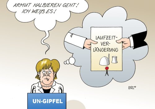 Cartoon: Merkel macht Mut (medium) by Erl tagged merkel,un,vereinte,nationen,millenium,gipfel,hunger,bildung,sterblichkeit,frau,kind,säugling,armut,halbierung,reichtum,energieversorger,atomkraftwerk,laufzeit,verlängerung,gewinn,angela merkel,un,vereinte nationen,gipfel,hunger,bildung,sterblichkeit,säugling,armut,halbierung,reichtum,energieversorger,atomkraftwerk,laufzeit,verlängerung,gewinn,angela,merkel,vereinte,nationen