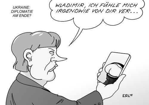 Cartoon: Merkel Putin (medium) by Erl tagged ukraine,krieg,separatisten,russland,abkommen,vereinbarung,waffenstillstand,minsk,bruch,debalzewo,telefon,smartphone,merkel,putin,verarschung
