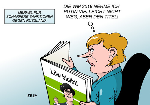 Cartoon: Merkel Sanktionen (medium) by Erl tagged ostukraine,ukraine,abschuss,flugzeug,passagierflugzeug,kampfjet,militär,krieg,regierung,separatisten,russland,präsident,putin,fußball,wm,weltmeisterschaft,2018,ball,schuss,wegnehmen,fernsehen,zeitung,bundeskanzlerin,angela,merkel,sanktionen,titel,bundestr,merkel,sanktionen