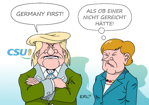 Cartoon: Merkel Seehofer (medium) by Erl tagged politik,deutschland,streit,flüchtlingspolitik,asylmasterplan,ankerzentren,abschiebungen,zurückweisung,flüchtlinge,grenze,sicheres,herkunftsland,innenminister,horst,seehofer,csu,bundeskanzlerin,merkel,cdu,europa,eu,recht,gemeinsam,gipfel,rechtspopulismus,nationalismus,donald,trump,präsident,usa,vorbild,karikatur,erl,politik,deutschland,streit,flüchtlingspolitik,asylmasterplan,ankerzentren,abschiebungen,zurückweisung,flüchtlinge,grenze,sicheres,herkunftsland,innenminister,horst,seehofer,csu,bundeskanzlerin,merkel,cdu,europa,eu,recht,gemeinsam,gipfel,rechtspopulismus,nationalismus,donald,trump,präsident,usa,vorbild,karikatur,erl