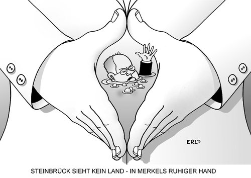 Cartoon: Merkel Steinbrück (medium) by Erl tagged spd,kanzlerkandidat,peer,steinbrück,umfragetief,bundeskanzlerin,angela,merkel,umfragehoch,umfragewerte,wähler,politik,ruhige,hand,cdu,wasser,land