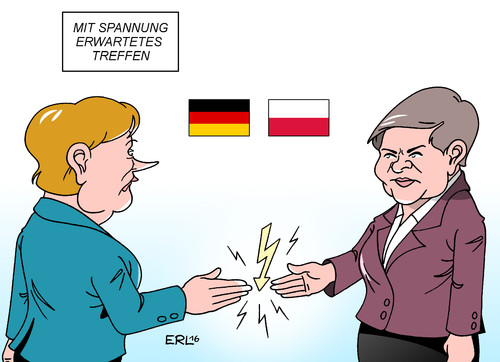 Cartoon: Merkel Szydlo (medium) by Erl tagged besuch,beata,szydlo,ministerpräsidentin,polen,deutschland,bundeskanzlerin,angela,merkel,spannung,spannungen,flüchtlinge,aufnahme,solidarität,justiz,medien,reform,nationalismus,kritik,karikatur,erl,besuch,beata,szydlo,ministerpräsidentin,polen,deutschland,bundeskanzlerin,angela,merkel,spannung,spannungen,flüchtlinge,aufnahme,solidarität,justiz,medien,reform,nationalismus,kritik,karikatur,erl