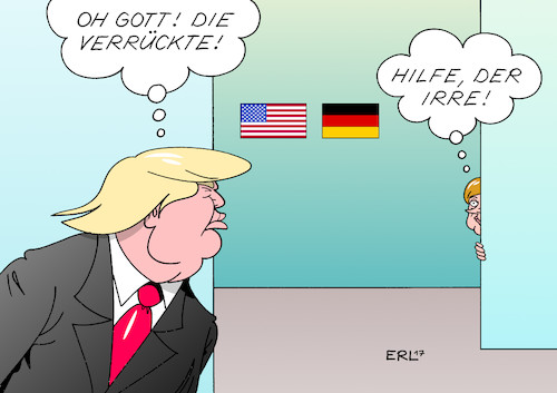 Cartoon: Merkel Trump (medium) by Erl tagged bundeskanzlerin,angela,merkel,deutschland,besuch,usa,präsident,donald,trump,rechtspopulismus,dekrete,abschottung,einreiseverbote,strafzölle,handelshemmnisse,diplomatie,politik,scherben,kitten,wahlkampf,beschimpfung,schande,verrückte,flüchtlingspolitik,karikatur,erl,bundeskanzlerin,angela,merkel,deutschland,besuch,usa,präsident,donald,trump,rechtspopulismus,dekrete,abschottung,einreiseverbote,strafzölle,handelshemmnisse,diplomatie,politik,scherben,kitten,wahlkampf,beschimpfung,schande,verrückte,flüchtlingspolitik,karikatur,erl