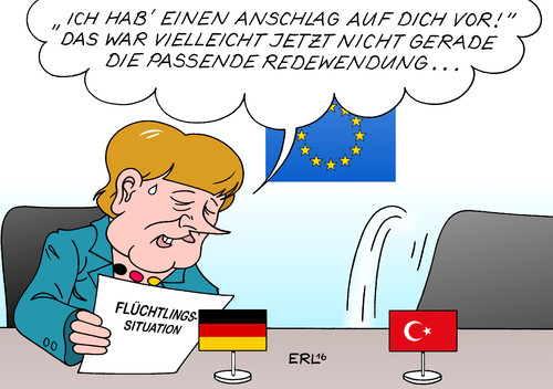 Cartoon: Merkel Türkei (medium) by Erl tagged eu,türkei,gipfel,flüchtlinge,verhandlungen,lösung,deal,warnung,anschläge,kurden,pkk,bundeskanzlerin,angela,merkel,ministerpräsident,ahmet,davutoglu,karikatur,erl,eu,türkei,gipfel,flüchtlinge,verhandlungen,lösung,deal,warnung,anschläge,kurden,pkk,bundeskanzlerin,angela,merkel,ministerpräsident,ahmet,davutoglu,karikatur,erl