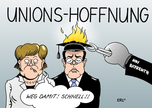 Cartoon: Merkel und Guttenberg (medium) by Erl tagged merkel,guttenberg,doktorarbeit,plagiat,titel,entzug,universität,bayreuth,schnell,gefahr,union,cdu,csu,hoffnung,hoffnungsträger,angela merkel,guttenberg,doktorarbeit,plagiat,titel,entzug,universität,schnell,gefahr,angela,merkel