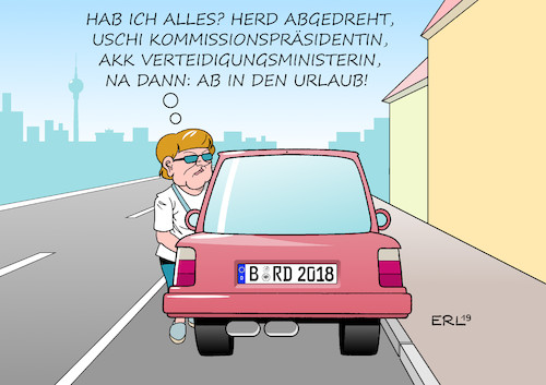 Cartoon: Merkel Urlaub (medium) by Erl tagged politik,bundeskanzlerin,angela,merkel,urlaub,vorbereitung,ursula,von,der,leyen,eu,kommissionspräsidentin,annegret,kramp,karrenbauer,verteidigungsministerin,herd,abgedreht,karikatur,erl,politik,bundeskanzlerin,angela,merkel,urlaub,vorbereitung,ursula,von,der,leyen,eu,kommissionspräsidentin,annegret,kramp,karrenbauer,verteidigungsministerin,herd,abgedreht,karikatur,erl