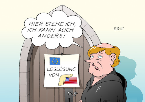 Cartoon: Merkel USA (medium) by Erl tagged usa,präsident,donald,trump,rechtspopulismus,nationalismus,america,first,auslandreise,nahost,europa,brüssel,nato,italien,g7,unberechenbarkeit,belastung,verhältnis,eu,bundeskanzlerin,angela,merkel,eigenständigkeit,loslösung,evangelischer,kirchentag,martin,luther,reformation,thesenanschlag,wittenberg,jubiläum,karikatur,erl,usa,präsident,donald,trump,rechtspopulismus,nationalismus,america,first,auslandreise,nahost,europa,brüssel,nato,italien,g7,unberechenbarkeit,belastung,verhältnis,eu,bundeskanzlerin,angela,merkel,eigenständigkeit,loslösung,evangelischer,kirchentag,martin,luther,reformation,thesenanschlag,wittenberg,jubiläum,karikatur,erl