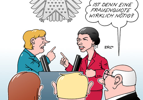 Cartoon: Merkel Wagenknecht (medium) by Erl tagged bundestag,debatte,kanzleretat,abrechnung,regierung,cdu,csu,spd,opposition,bundeskanzlerin,angela,merkel,sahra,wagenknecht,die,linke,frauenquote,unternehmen,wirtschaft,skepsis,karikatur,erl,bundestag,debatte,kanzleretat,abrechnung,regierung,cdu,csu,spd,opposition,bundeskanzlerin,angela,merkel,sahra,wagenknecht,die,linke,frauenquote,unternehmen,wirtschaft,skepsis