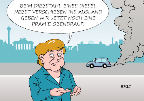 Cartoon: Merkel will Fahrverbot vermeiden (medium) by Erl tagged politik,wirtschaft,industrie,autoindustrie,diesel,dieselskandal,betrug,abgastest,software,manipulation,abgaswerte,auto,autohersteller,weigerung,nachrüstung,hardware,angebot,anreiz,neukauf,austausch,bundeskanzlerin,angela,merkel,vermeidung,fahrverbote,statistik,autodiebstahl,diebstahl,2017,karikatur,erl,politik,wirtschaft,industrie,autoindustrie,diesel,dieselskandal,betrug,abgastest,software,manipulation,abgaswerte,auto,autohersteller,weigerung,nachrüstung,hardware,angebot,anreiz,neukauf,austausch,bundeskanzlerin,angela,merkel,vermeidung,fahrverbote,statistik,autodiebstahl,diebstahl,2017,karikatur,erl