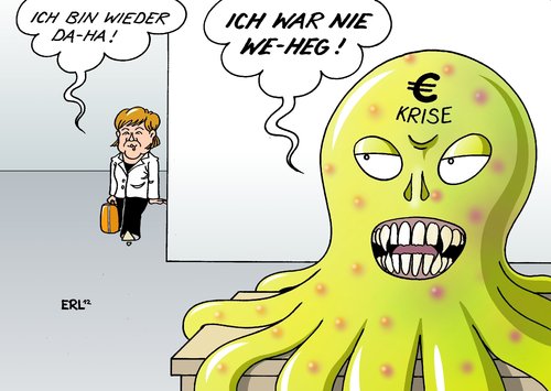 Cartoon: Merkel zurück aus dem Urlaub (medium) by Erl tagged bundeskanzlerin,angela,merkel,urlaub,ende,zurück,berlin,alltag,arbeit,euro,krise,schulden,finanzen,währung,gemeinschaftswährung,eu,europa,wirtschaft,bundeskanzlerin,angela merkel,urlaub,ende,zurück,berlin,alltag,arbeit,euro,krise,schulden,finanzen,angela,merkel