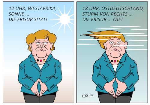 Cartoon: Merkels Frisur (medium) by Erl tagged politik,bundeskanzlerin,angela,merkel,reise,afrika,westafrika,senegal,ghana,nigeria,rücknahme,flüchtlinge,verbesserung,lebensbedingungen,demokratie,chemnitz,sachsen,ausschreitungen,rechtsextremismus,hetzjagd,fremde,fremdenfeindlichkeit,rassismus,pegida,afd,npd,polizei,hilflosigkeit,ministerpräsident,kretschmer,cdu,karikatur,erl,politik,bundeskanzlerin,angela,merkel,reise,afrika,westafrika,senegal,ghana,nigeria,rücknahme,flüchtlinge,verbesserung,lebensbedingungen,demokratie,chemnitz,sachsen,ausschreitungen,rechtsextremismus,hetzjagd,fremde,fremdenfeindlichkeit,rassismus,pegida,afd,npd,polizei,hilflosigkeit,ministerpräsident,kretschmer,cdu,karikatur,erl