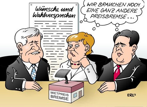 Cartoon: Mietpreisbremse (medium) by Erl tagged wahl,bundestagswahl,regierung,regierungsbildung,koalition,koalitionsverhandlungen,cdu,csu,spd,schwarz,rot,beschluss,mietpreisbremse,mieten,wohnung,wohnen,stadt,wünsche,wahlversprechen,kosten,finanzierung,preis,preisbremse,seehofer,merkel,gabriel,mietpreisbremse