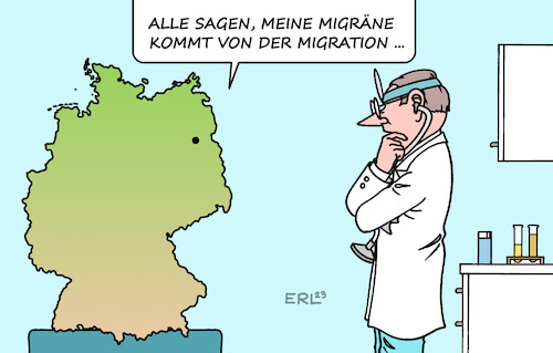 Cartoon: Migration (medium) by Erl tagged politik,deutschland,angst,migration,flüchtlinge,zuwanderung,rechtsruck,afd,migräne,arzt,karikatur,erl,politik,deutschland,angst,migration,flüchtlinge,zuwanderung,rechtsruck,afd,migräne,arzt,karikatur,erl