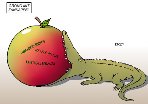 Cartoon: Mindestlohn (medium) by Erl tagged groko,große,koalition,cdu,csu,spd,streit,themen,streitthema,zankapfel,mindestlohn,rente,63,energiewende,krokodil,apfel,groko,große,koalition,cdu,csu,spd,streit,themen,streitthema,zankapfel,mindestlohn,rente,63,energiewende,krokodil,apfel