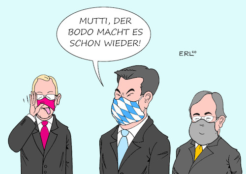 Cartoon: Ministerpräsidenten (medium) by Erl tagged politik,corona,virus,pandemie,zweite,welle,beratung,bundeskanzlerin,angela,merkel,ministerpräsidenten,ministerpräsidentinnen,markus,söder,bayern,armin,laschet,nrw,maßnahmen,lockdown,verweigerung,bodo,ramelow,thüringen,maske,zunge,nase,karikatur,erl,politik,corona,virus,pandemie,zweite,welle,beratung,bundeskanzlerin,angela,merkel,ministerpräsidenten,ministerpräsidentinnen,markus,söder,bayern,armin,laschet,nrw,maßnahmen,lockdown,verweigerung,bodo,ramelow,thüringen,maske,zunge,nase,karikatur,erl