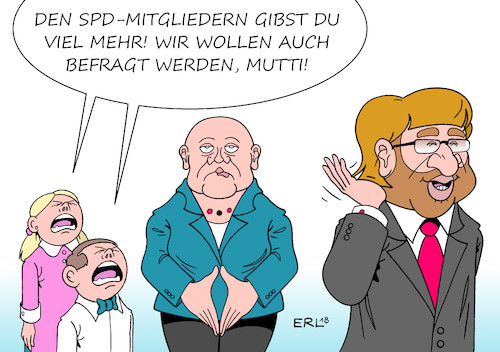 Cartoon: Mitgliederentscheid (medium) by Erl tagged politik,bundestagswahl,regierungsbildung,regierung,grosse,koalition,groko,verteilung,ressorts,minister,posten,cdu,schwächung,csu,spd,stärkung,finanzministerium,arbeitsministerium,aussenministerium,aussenminister,martin,schulz,bundeskanzlerin,angela,merkel,haare,frisur,gefallen,sozialdemokraten,jusos,basis,mitgliederbefragung,protest,eifersucht,kinder,mutti,karikatur,erl,politik,bundestagswahl,regierungsbildung,regierung,grosse,koalition,groko,verteilung,ressorts,minister,posten,cdu,schwächung,csu,spd,stärkung,finanzministerium,arbeitsministerium,aussenministerium,aussenminister,martin,schulz,bundeskanzlerin,angela,merkel,haare,frisur,gefallen,sozialdemokraten,jusos,basis,mitgliederbefragung,protest,eifersucht,kinder,mutti,karikatur,erl