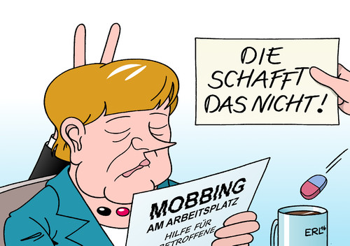 Cartoon: Mobbing (medium) by Erl tagged flüchtlinge,eu,deutschland,bundeskanzlerin,angela,merkel,wir,schaffen,das,willkommen,kritik,parteifreunde,koalition,partner,cdu,csu,spd,mobbing,arbeitsplatz,hilfe,karikatur,erl,flüchtlinge,eu,deutschland,bundeskanzlerin,angela,merkel,wir,schaffen,das,willkommen,kritik,parteifreunde,koalition,partner,cdu,csu,spd,mobbing,arbeitsplatz,hilfe,karikatur,erl