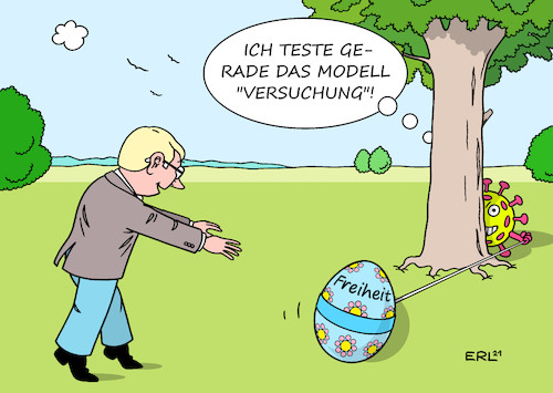 Cartoon: Modellregion (medium) by Erl tagged politik,corona,virus,pandemie,covid19,dritte,welle,lockdown,modell,modellregion,modellversuch,lockern,öffnen,testen,impfen,ostern,osterei,versuchung,freiheit,sehnsucht,karikatur,erl,politik,corona,virus,pandemie,covid19,dritte,welle,lockdown,modell,modellregion,modellversuch,lockern,öffnen,testen,impfen,ostern,osterei,versuchung,freiheit,sehnsucht,karikatur,erl