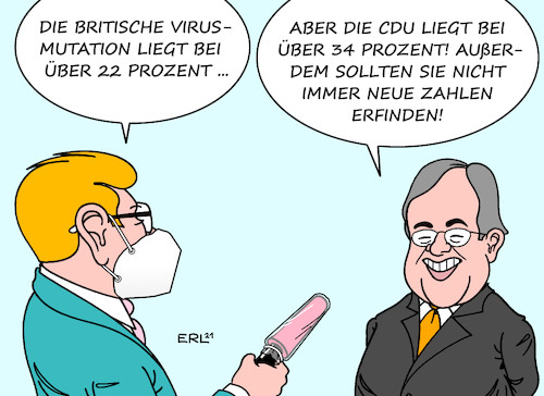 Cartoon: Mutation (medium) by Erl tagged politik,corona,virus,pandemie,covid19,lockdown,verlängerung,mutationen,mutation,britisch,anstieg,anteil,erkrankungen,diskussion,öffnung,lockerung,armin,laschet,cdu,zweifel,inzidenzwert,wissenschaft,widerspruch,position,standpunkt,zickzackkurs,kurs,karikatur,erl,politik,corona,virus,pandemie,covid19,lockdown,verlängerung,mutationen,mutation,britisch,anstieg,anteil,erkrankungen,diskussion,öffnung,lockerung,armin,laschet,cdu,zweifel,inzidenzwert,wissenschaft,widerspruch,position,standpunkt,zickzackkurs,kurs,karikatur,erl