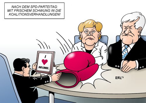 Cartoon: Nach dem SPD-Parteitag (medium) by Erl tagged spd,parteitag,wahl,vorstand,abstrafung,vorsitz,sigmar,gabriel,koalitionsverhandlungen,cdu,csu,merkel,seehofer,kampf,annäherung,die,linke,öffnung,boxhandschuhe,schwung,spd,parteitag,wahl,vorstand,abstrafung,vorsitz,sigmar,gabriel,koalitionsverhandlungen,cdu,csu,merkel,seehofer,kampf,annäherung,die,linke,öffnung,boxhandschuhe,schwung